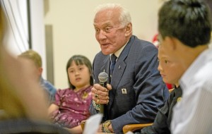 Buzz Aldrin answers questions of area school children at the Nixon Library